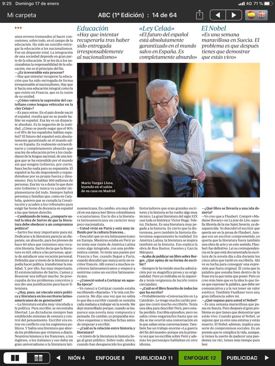 Una larga entrevista, publicada en ABC, que le hice a Mario Vargas Llosa en enero de 2021 en la que habla de lo divino y lo humano. Un testimonio de su talento como escritor y de su honestidad intelectual. Descanse en paz.