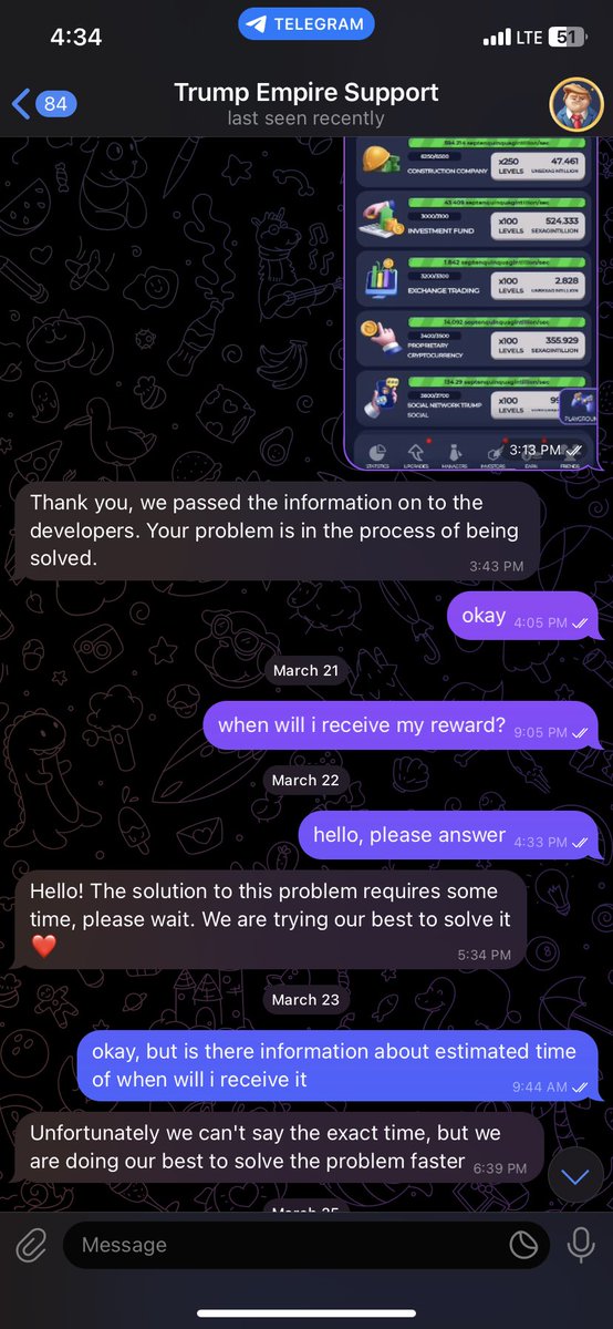 HarianjaSteven's tweet photo. So i’ve been playing this one bot on telegram, and there’s event to play Mobile Game until we reach 5000 on all level upgrade, and i did it and they say they’re going to process it as soon as possible, now i’ve been waiting for 20+ days and still haven’t receive anything https://t.co/zo4JVsxR2w