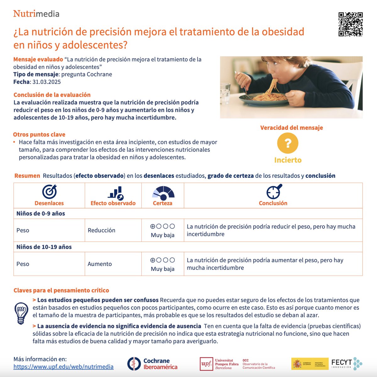 ¿La nutrición de precisión mejora el tratamiento de la obesidad en niños y adolescentes?

✅ Hay más sombras que luces

✅ Podría aumentar el peso en los niños y adolescentes de 10-19 años

✅ Los estudios publicados hasta ahora son pequeños para poder sacar conclusiones

👇👇👇