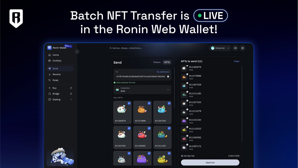 Batch NFT Transfer is LIVE in the Ronin Web Wallet!

Save time and gas while sending multiple NFTs ⚔️

Anyone, anywhere can now send multiple NFTs from the same collection to another address – all in a single transaction.

Here’s what’s new 🧵👇