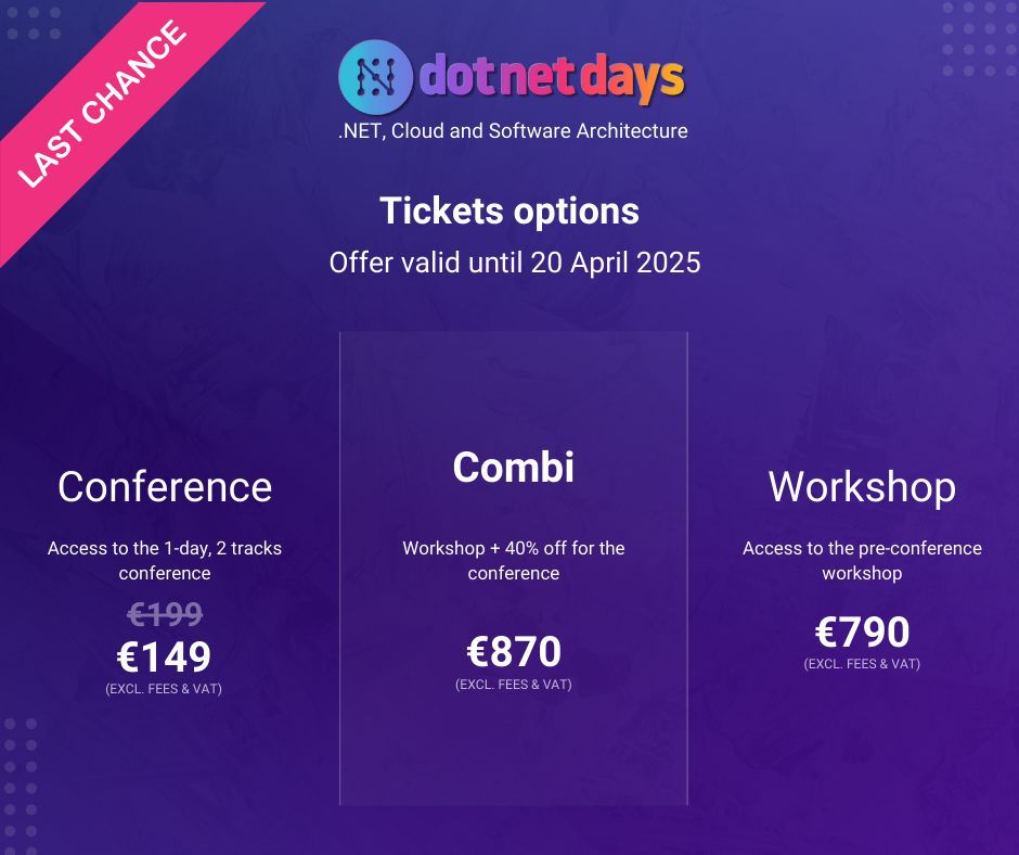 dotnetdaysro's tweet image. // 𝐿𝑎𝑠𝑡 𝑑𝑎𝑦𝑠 𝑓𝑜𝑟 𝑟𝑒𝑔𝑢𝑙𝑎𝑟 𝑝𝑟𝑖𝑐𝑒 𝑡𝑖𝑐𝑘𝑒𝑡𝑠! 🚨
⏰ The regular price for your #dotnetdays 2025 ticket ends in just a few days! Secure your spot now 👉 dotnetdays.ro
PS: Special group discounts for 5+ people 😉
#dotnet #dotnetconference