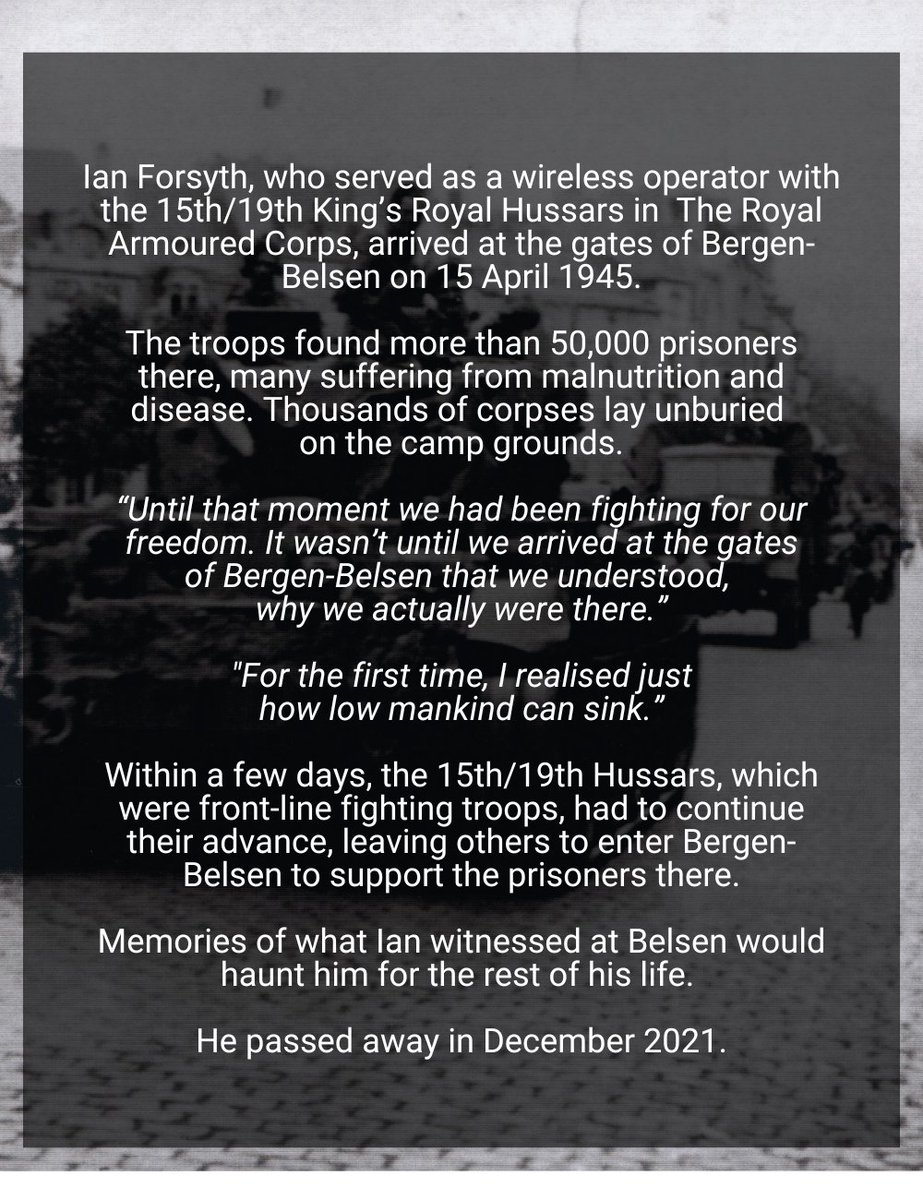 Ian Forsyth MBE was one of the first British troops to liberate Bergen-Belsen concentration camp, 80 years ago tomorrow. He said upon arriving there: "For the first time, I realised how low mankind could sink".