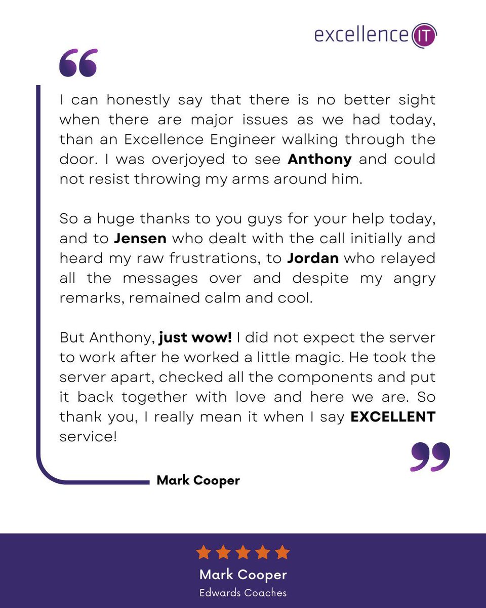 Here's a recent review from one of our customers Mark Cooper. 

Great work Anthony, Jordan, and Jensen!

From frustration to hugs at the door, we're glad we could help! — just another day for Team Excellence 😄 

#ITSupport #MSP #EO #eoa #EmployeeOwned