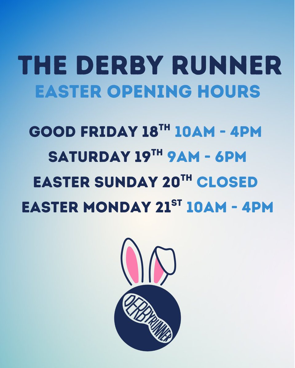 A reminder of our Shop opening hours this weekend over Easter 🐣

RunClub is on as usual tonight at 7pm. NO RunClub Easter Monday 🏃🏽🏃🏽‍♀️

#derbyrunner #byrunnersforrunners #since1988