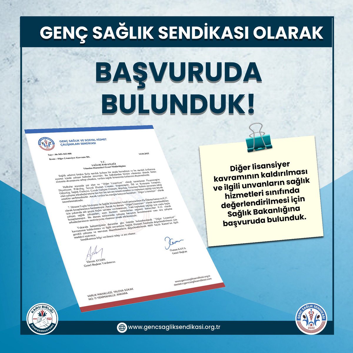 Diğer lisansiyer Kavramının kaldırılması ve ilgili unvanların sağlık hizmeti sınıfında değerlendirilmesi için sağlık bakanlığına başvuruda bulunduk.