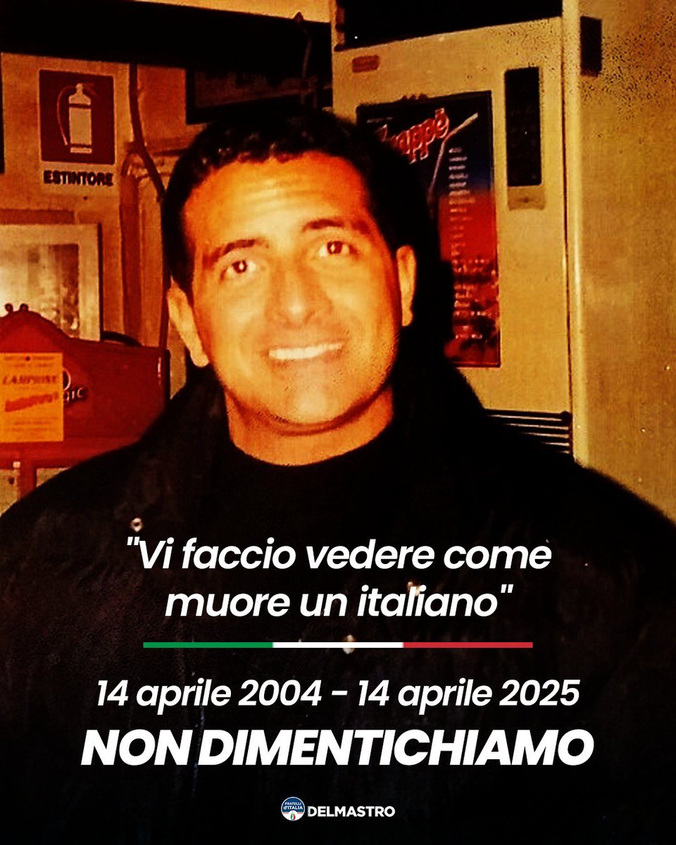 Sono passati 21 anni dal sacrificio di Fabrizio #Quattrocchi, ucciso in Iraq da mani terroriste. Il suo coraggio, la sua fierezza, il suo amore per l’Italia sono scolpiti nella nostra memoria.

Un patriota, un eroe moderno. L’Italia non dimentica.