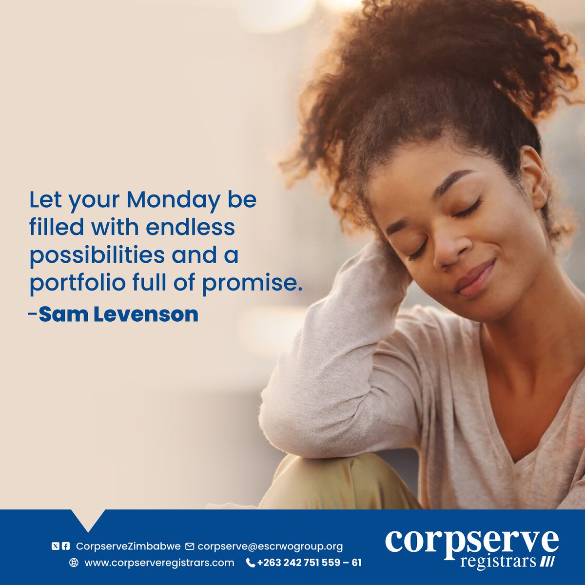 Corpserve Registrars (@corpservezim) on Twitter photo Happy new week, full of endless possibilities! Happy new week, full of endless possibilities!