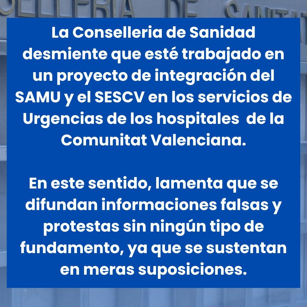 ℹ️🔴Sobre SAMU y SESCV:

<a href="/GVAsanitat/">GVA Sanitat</a> desmiente que esté trabajado en un proyecto de integración del SAMU y el <a href="/GVASESCV/">GVA_SESCV</a> en los servicios de Urgencias de los hospitales de la Comunitat Valenciana ⬇️⬇️⬇️