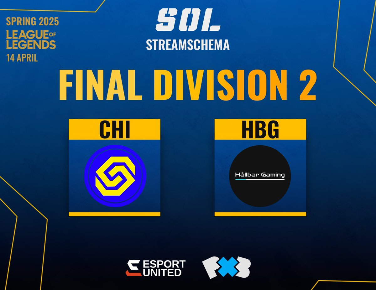 📢 SOL LoL Spring 2025 | FINAL Division 2 🚨

Två giganter från Grupp B möts i den sista striden om mästartiteln! ⚔️
Båda lagen har dominerat hela vägen - men bara en av dom kan vinna. Vem tar hem titeln? 🏆

⏰ 18:30 | <a href="/GoodChiGG/">Good Chi</a> 🆚 <a href="/HBGaming1400/">HB Gaming</a>
📺 twitch.tv/svenskaonlinel…