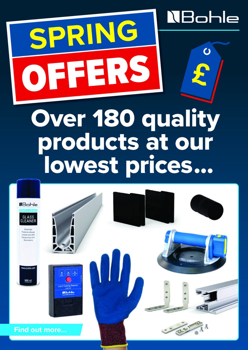 Spring has sprung and at #BohleLtd we have launched a range of #SpringOffers: over 180 products at our lowest prices. Have a browse here shorturl.at/Nz7GK
#glassprocessing #consumables #showerdoorhinges #balustradesystems #glasspartitioning #glasshandling #glazingproducts