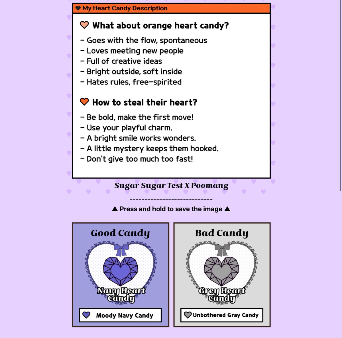 ไปเจอควิซน่ารักๆ ที่เป็นลูกอมหัวใจทายนิสัยผู้เล่นมาล่ะค่ะ

มาลองเล่นกันดูมั้ยคะ ว่าลูกอมของคุณจะออกมาเป็นแบบไหน :DD