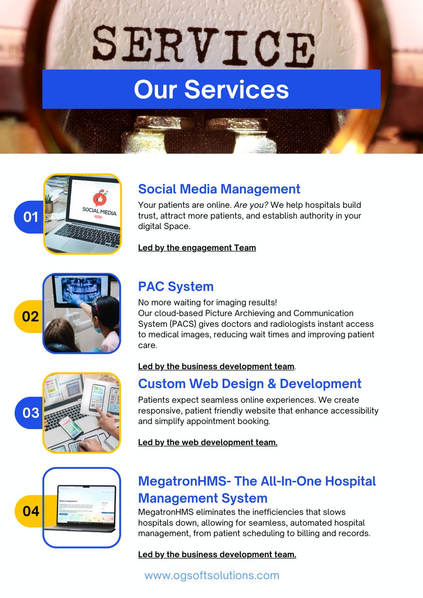 Here at OGSoft Solutions Limited, we are providing services to ensure seamless Hospital management and Patient care. Which services will you require? #patientcare #medtech #healthcare
