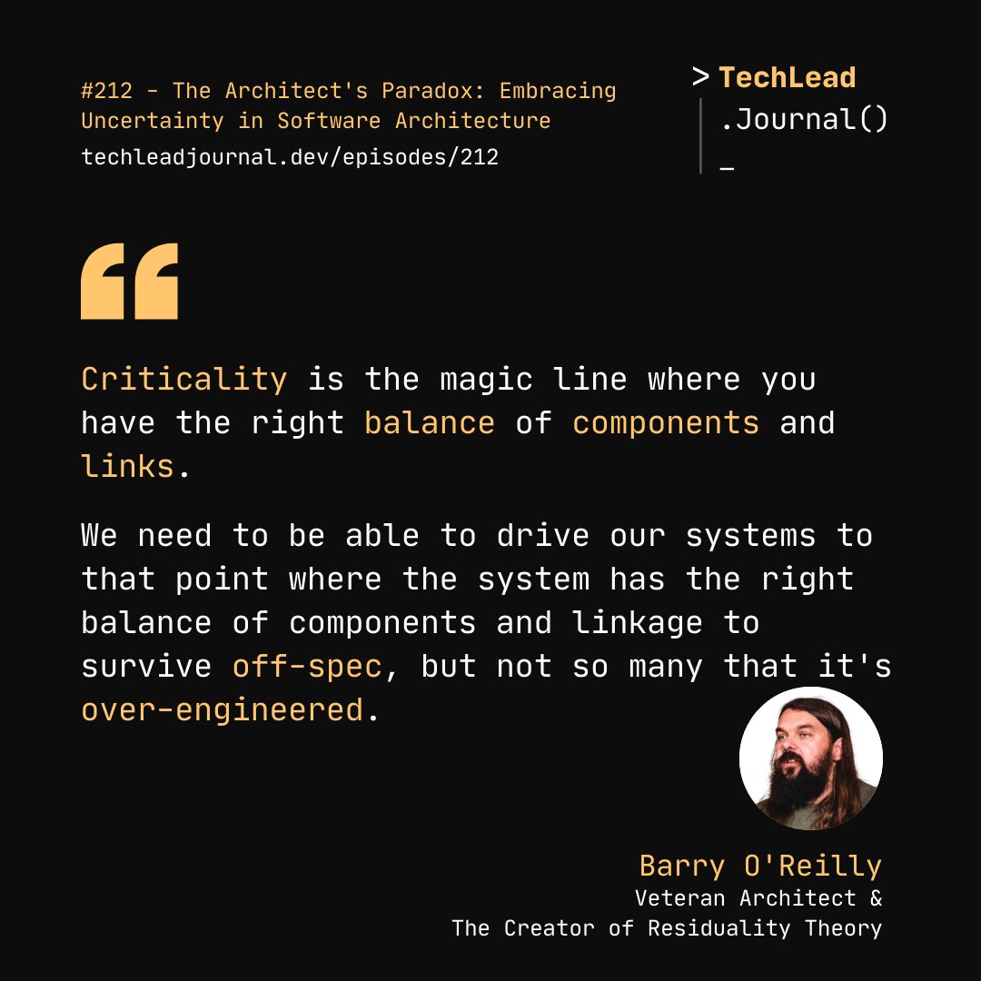 techleadjournal's tweet photo. Great architecture survives off-spec, without over-engineering.
Hear more from Barry O'Reilly in episode 212.
#architecture #softwarearchitect #architectparadox https://t.co/DbPi0LDF0W