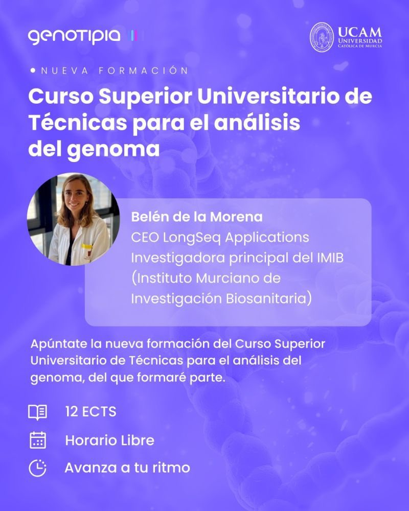 LongSeq Applications (@longseq_info) on Twitter photo Nuestra CEO ha tenido el honor de participar como docente en el 𝗰𝘂𝗿𝘀𝗼 𝗱𝗲 𝗳𝗼𝗿𝗺𝗮𝗰𝗶ᴏ́𝗻 𝗱𝗲 𝗚𝗲𝗻𝗼𝘁𝗶𝗽𝗶𝗮 dedicado al análisis del genoma, compartiendo su experiencia en tecnologías de secuenciación de tercera generación.
<a href="/genotipia/">Genotipia</a> <a href="/UCAMMurcia/">UCAM Murcia</a> <a href="/nanopore/">Oxford Nanopore</a> Nuestra CEO ha tenido el honor de participar como docente en el 𝗰𝘂𝗿𝘀𝗼 𝗱𝗲 𝗳𝗼𝗿𝗺𝗮𝗰𝗶ᴏ́𝗻 𝗱𝗲 𝗚𝗲𝗻𝗼𝘁𝗶𝗽𝗶𝗮 dedicado al análisis del genoma, compartiendo su experiencia en tecnologías de secuenciación de tercera generación.
<a href="/genotipia/">Genotipia</a> <a href="/UCAMMurcia/">UCAM Murcia</a> <a href="/nanopore/">Oxford Nanopore</a>