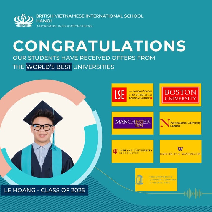 BVISHanoi's tweet image. Le Hoang earns offers from top UK & US unis incl. LSE, Manchester, Boston (w/ $34,935 scholarship), UNC & more!
From Prom to Finance, a Head Student with global ambition 🌍
📖 Read more: zurl.co/LeHoangUniOffe…
#BVISProud #UniversityDestinations #ClassOf2025