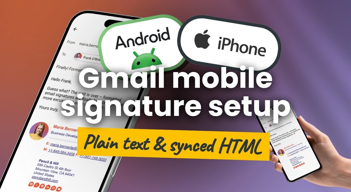 SignatureSatori's tweet photo. Still emailing from your phone with no signature? ✉️

Gmail on iOS/Android only lets you add plain text.
With an HTML signature, you can add interactive elements, clickable links, banners and sync it with your mobile device!

Guide 👉 https://t.co/TPp9cBbAdp https://t.co/pp5ushXLfq