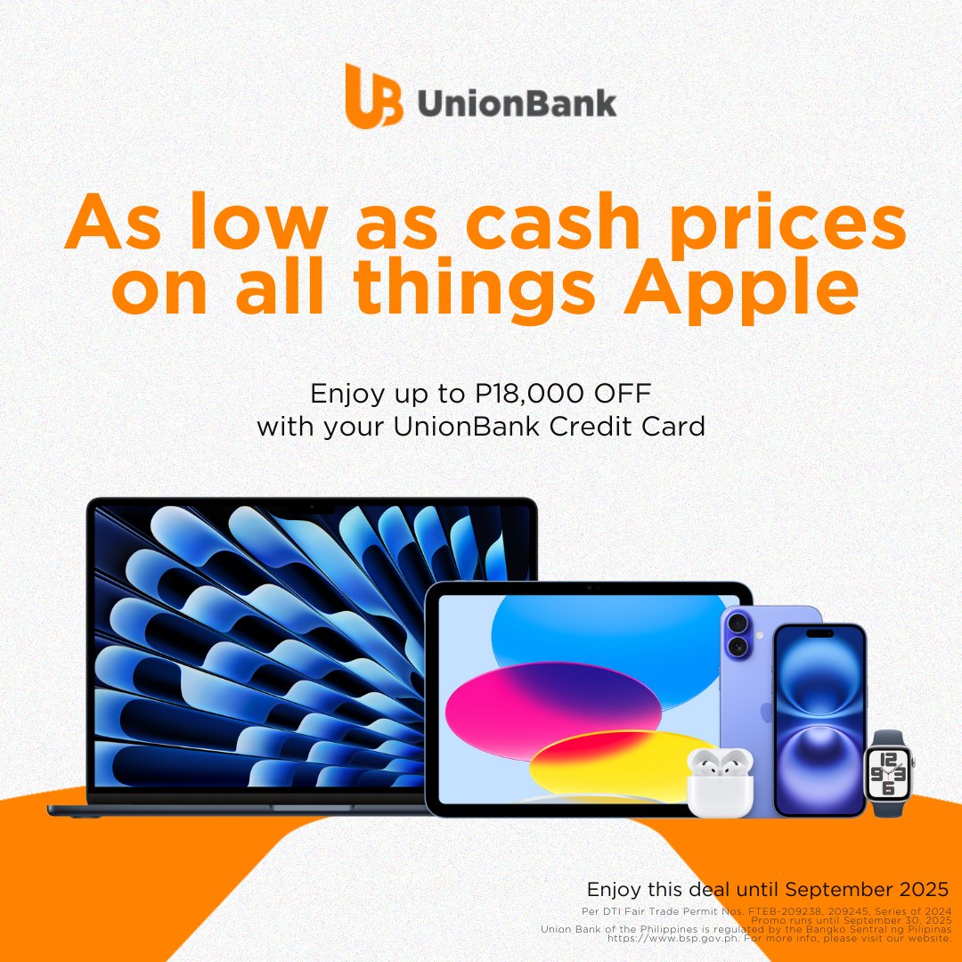 Enjoy as low as cash prices on ALL APPLE devices with up to P18,000 OFF with UnionBank PayEasy.

Simply avail of 0% installment up to 24 months with your UnionBank Credit Card. Promo runs until Sept. 30, 2025 at participating Beyond the Box, Digimap, Digiplanet, Digital Walker,