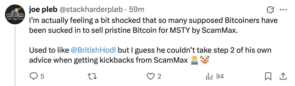 People don't understand Trad-Fi so much they think I'm getting "kickbacks" for talking/educating about Income Funds like MSTY and the development and possibilities of a securitized and emerging Bitcoin world.  

How dumb is the Gold Bug Bitcoin audience exactly?