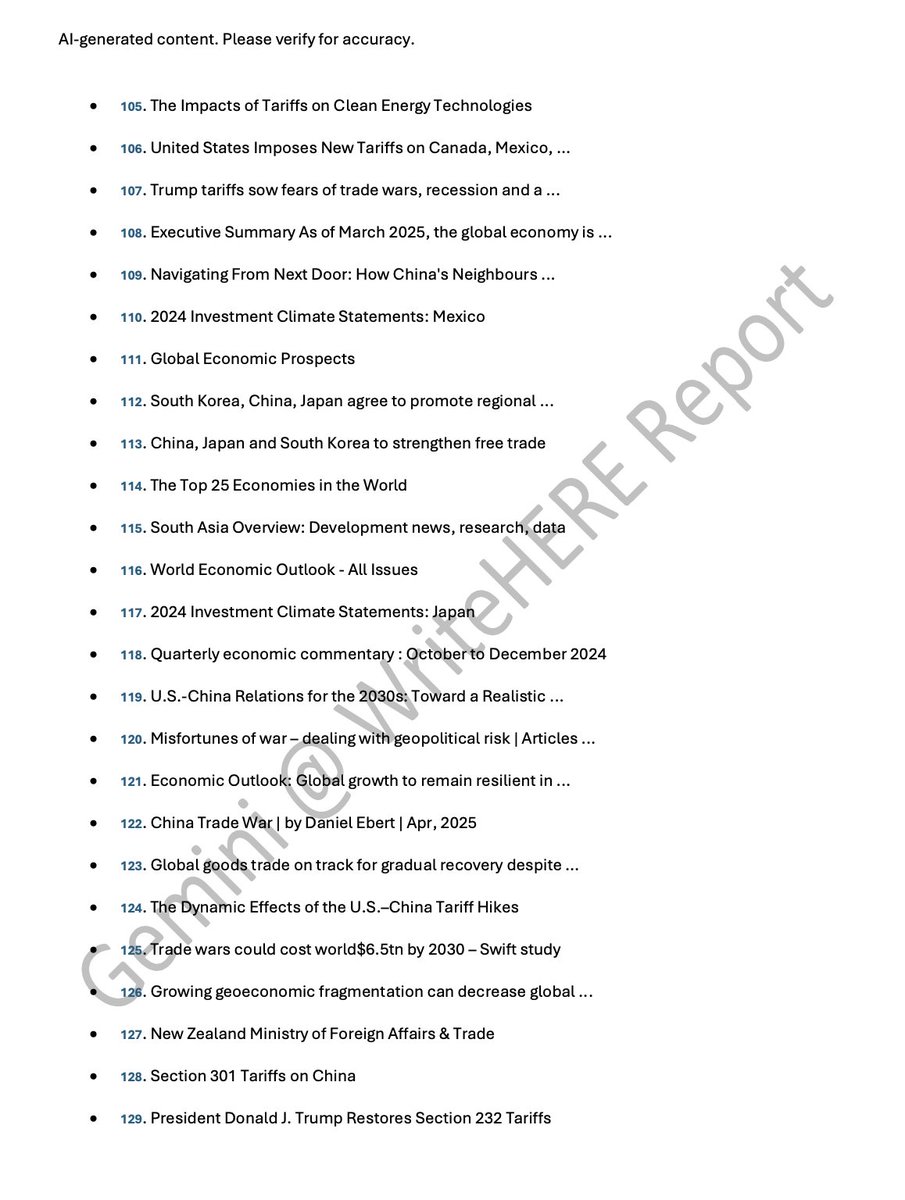Beastlyprime's tweet photo. Just generated a 100-page deep-dive report on the Q2 2025 #TradeWar using Gemini 2.5 Pro Preview via #WriteHERE. Blown away by Gemini's capabilities.
📘 Read it here: https://t.co/PxthtdC8AV
Prompt: A comprehensive, >20000 words 2025 Trade War Report analyzing the U.S. and global trade landscape as of April 13, featuring current tariff impacts, economic effects, supply chain shifts, and sector-specific winners and losers. Includes data-driven projections, strategic recommendations, and visualizations to guide businesses, policymakers, and investors through escalating tensions and opportunities.
#Gemini #DeepResearch
