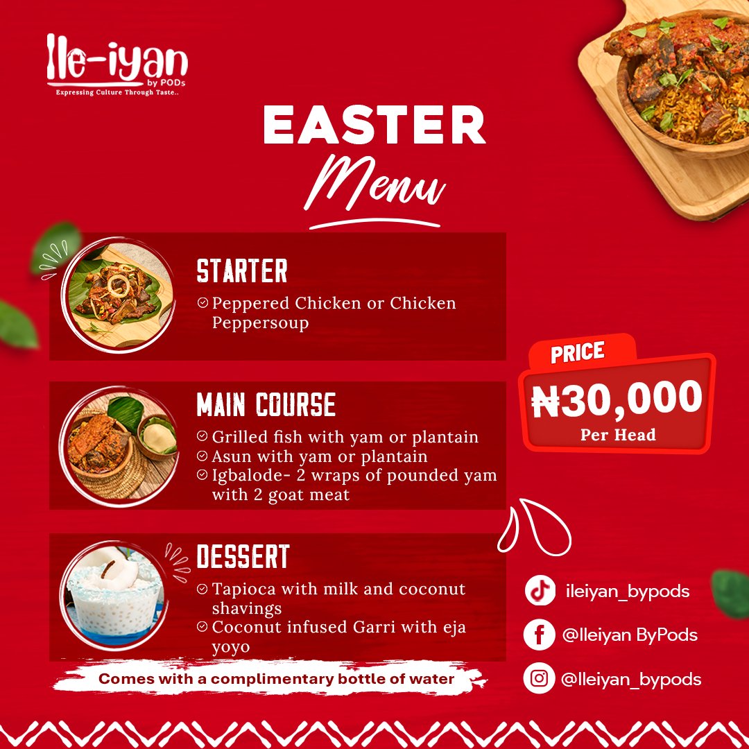 IleIyanbypods's tweet image. Ekáàbọ̀ sí àyẹyẹ Easter ní Ile-Iyan by PODs! 🕊🍽
Join us this season for a thoughtfully curated 3-course Yoruba menu
Àṣà àti òunjẹ pẹ̀ lú ìtẹ́lọ́run , 

📍Reserve your table today.
E máabá wa ká lọ, Óunjẹ wa, ìtura ní o.
#IleIyanByPODs #YorubaFlavours #Eastermenu