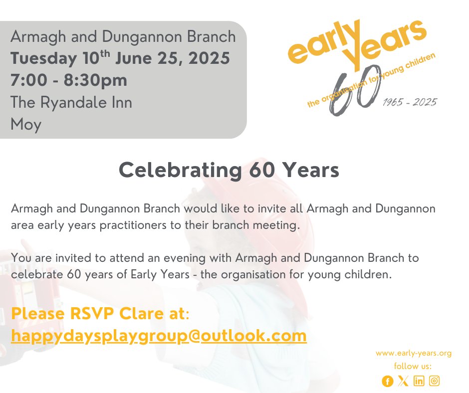 Early Years (@earlyyearsorg) on Twitter photo 🎉 Celebrating 60 Years! 🎉
We warmly invite all early years practitioners in the Armagh and Dungannon area to join us for a special Branch Meeting.
Come along for an evening of connection, reflection, and celebration!
✨ RSVP to Clare at: happydaysplaygroup@outlook.com 🎉 Celebrating 60 Years! 🎉
We warmly invite all early years practitioners in the Armagh and Dungannon area to join us for a special Branch Meeting.
Come along for an evening of connection, reflection, and celebration!
✨ RSVP to Clare at: happydaysplaygroup@outlook.com