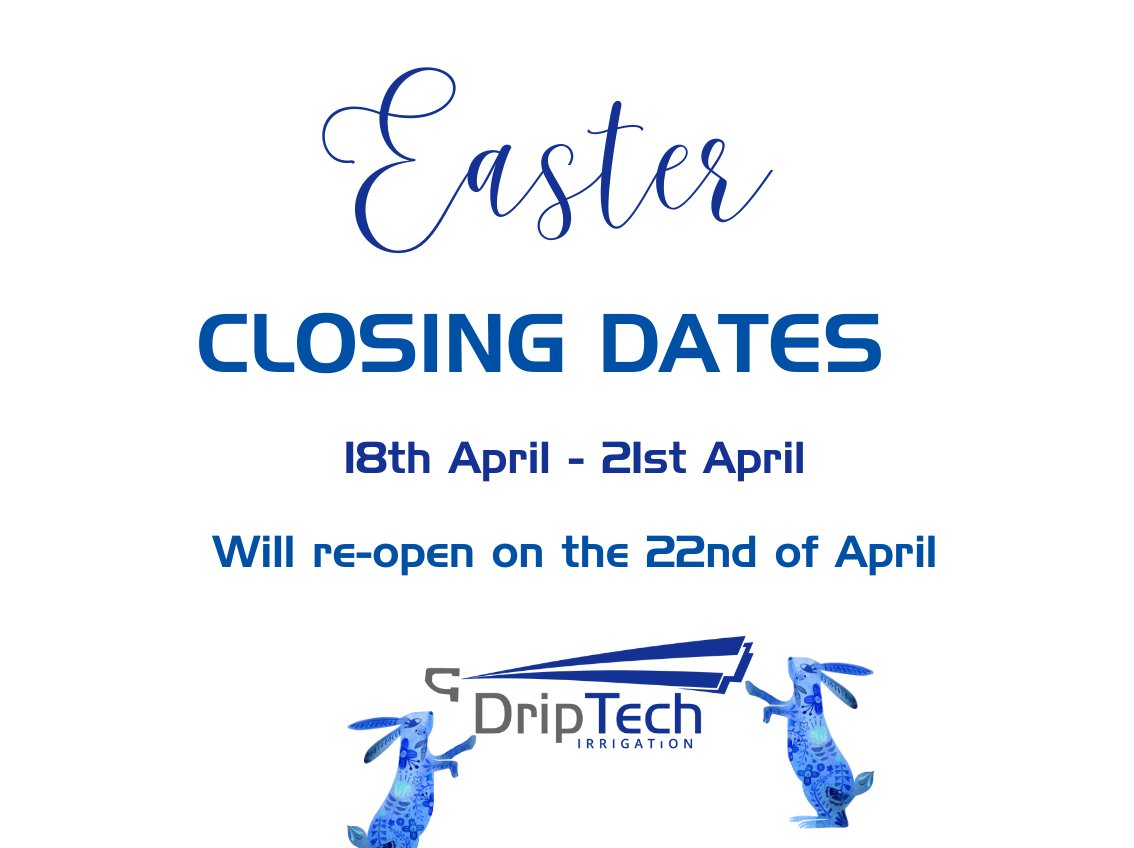 DriptechI's tweet image. Easter Holiday Notice

All DripTech branches will be closed from April 18th to April 21st and will reopen on April 22nd.

Wishing you all a joyful and restful Easter.

Workington | Glenara | Harare Drive | Msasa | Seke Road | Second Street | Mutare | Bulawayo | Waterfalls