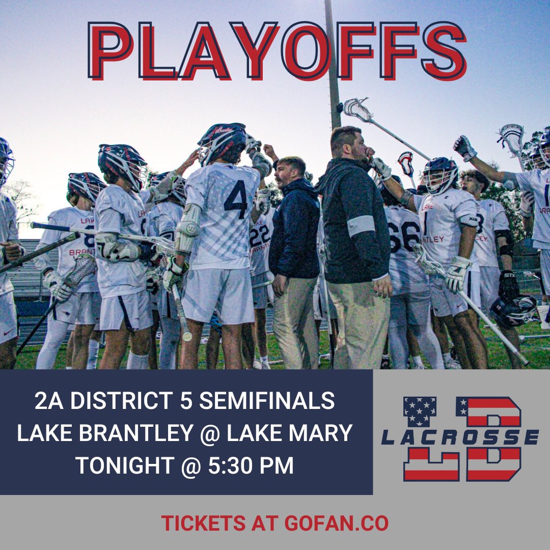 PLAYOFF GAME TONIGHT: <a href="/FHSAA/">FHSAA</a> CLASS 2A/DISTRICT 5 SEMIFINALS
🆚<a href="/LakeMaryLX/">Lake Mary Lacrosse</a> 
📍655 Longwood Lake Mary Road, Lake Mary, FL 32746
⏰5:30 P.M. (Varsity)
🎟️ gofan.co/app/school/FL1…

<a href="/LBHSAthletics/">LBHSAthletics</a>
<a href="/osvarsity/">Sentinel Varsity</a> 
<a href="/FloridaLX/">FloridaLacrosseNews</a>
<a href="/LaxOrlando/">Orlando Lax Report</a> 

#LBHSLax