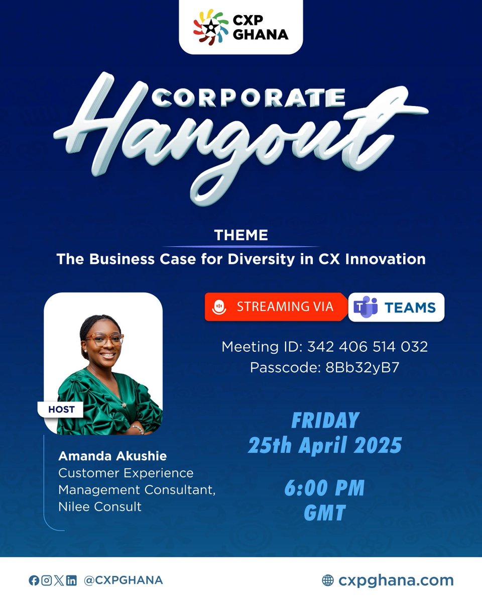 Customer Experience Professionals Ghana (@cxpghana) on Twitter photo Hosted by <a href="/themandyakushie/">Your Customer Experience Expert</a>, Customer Experience Management Consultant at Nilee Consult,
This session promises rich insights and thought-provoking perspectives on how diversity drives innovation and excellence in customer experience.
πππ
linkedin.com/events/7316423β¦ Hosted by <a href="/themandyakushie/">Your Customer Experience Expert</a>, Customer Experience Management Consultant at Nilee Consult,
This session promises rich insights and thought-provoking perspectives on how diversity drives innovation and excellence in customer experience.
πππ
linkedin.com/events/7316423β¦
