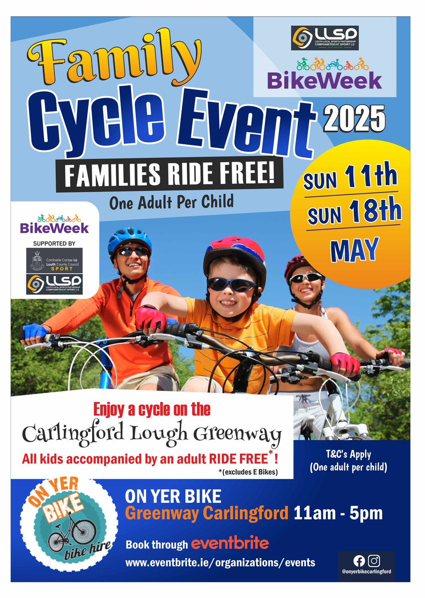 Carlingford Lough Greenway (@carlingfordlg) on Twitter photo FREE Family Cycle as part of Bike Week 2025
Louth Local Sports Partnership on behalf of Louth County Council and in conjunction with On Yer Bike Carlingford are running a FREE Family Cycle from the 10th to 18th of May. <a href="/louthcoco/">Louth County Council</a> <a href="/CarlingfordIRE/">Carlingford Lough</a> <a href="/onyerbikecarli1/">onyerbikecarlingford</a> <a href="/VisitLouthIE/">Visit Louth</a> FREE Family Cycle as part of Bike Week 2025
Louth Local Sports Partnership on behalf of Louth County Council and in conjunction with On Yer Bike Carlingford are running a FREE Family Cycle from the 10th to 18th of May. <a href="/louthcoco/">Louth County Council</a> <a href="/CarlingfordIRE/">Carlingford Lough</a> <a href="/onyerbikecarli1/">onyerbikecarlingford</a> <a href="/VisitLouthIE/">Visit Louth</a>