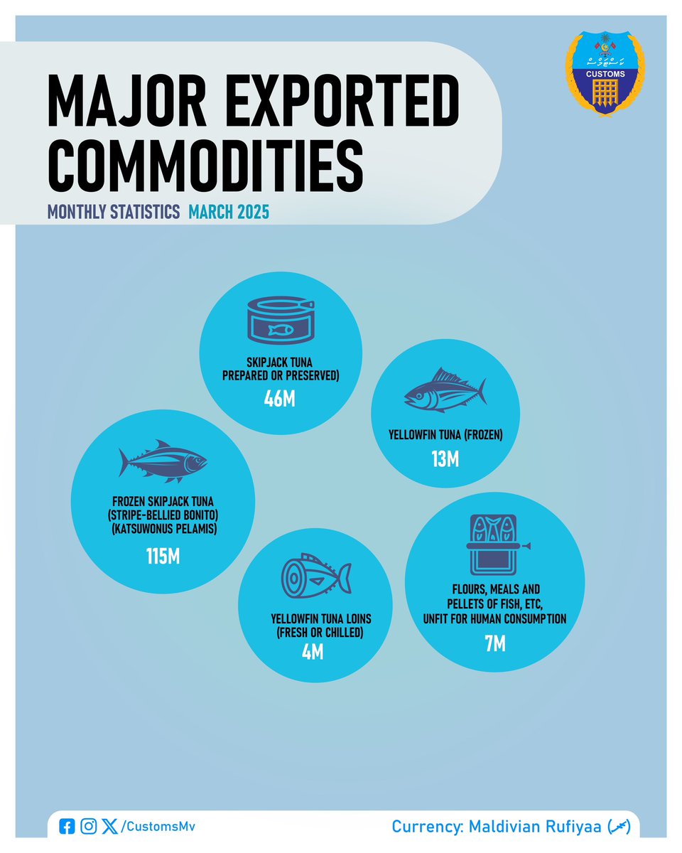 CustomsMv's tweet photo. Monthly Statistics - March 2025 
⛴️ Imports (Excl. Fuel) MVR 3.5B
⛴️ Exports MVR 204M
💰Revenue MVR 350M
In addition;
🔹Major Importing categories
🔸Exporting commodities
🔹top 5 importing / exporting countries 

🔗 https://t.co/aZ41O7pnnB https://t.co/kLMiEZWkTk