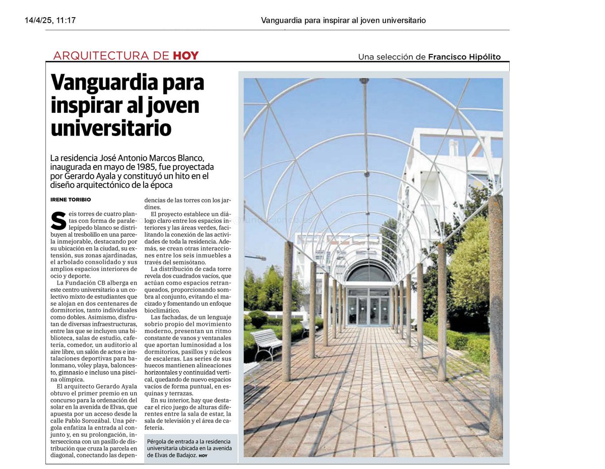 ✨ ¡40 años de la RUCAB! 📷Hoy, en la sección de #Arquitectura del Periódico HOY, destacan su diseño único: 📷  #ResidenciaUniversitaria #FundaciónCB #DiseñoConHistoria #ArquitecturaQueInspira
<a href="/_FundacionCB/">Fundación CB</a>