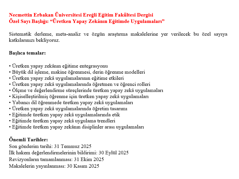 Necmettin Erbakan Üniversitesi Ereğli Eğitim Fakültesi Dergisi Özel Sayı Çağrısı
