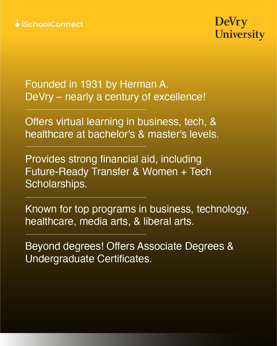 iSchoolConnect's tweet image. Did you know? DeVry University has been shaping careers since 1931! 🎓💡
With virtual learning, top scholarships & diverse programs, it's a great choice for students worldwide.
Want to learn more?
Visit : ischoolconnect.com/universities/u…
#DeVryUniversity #EducationMatters