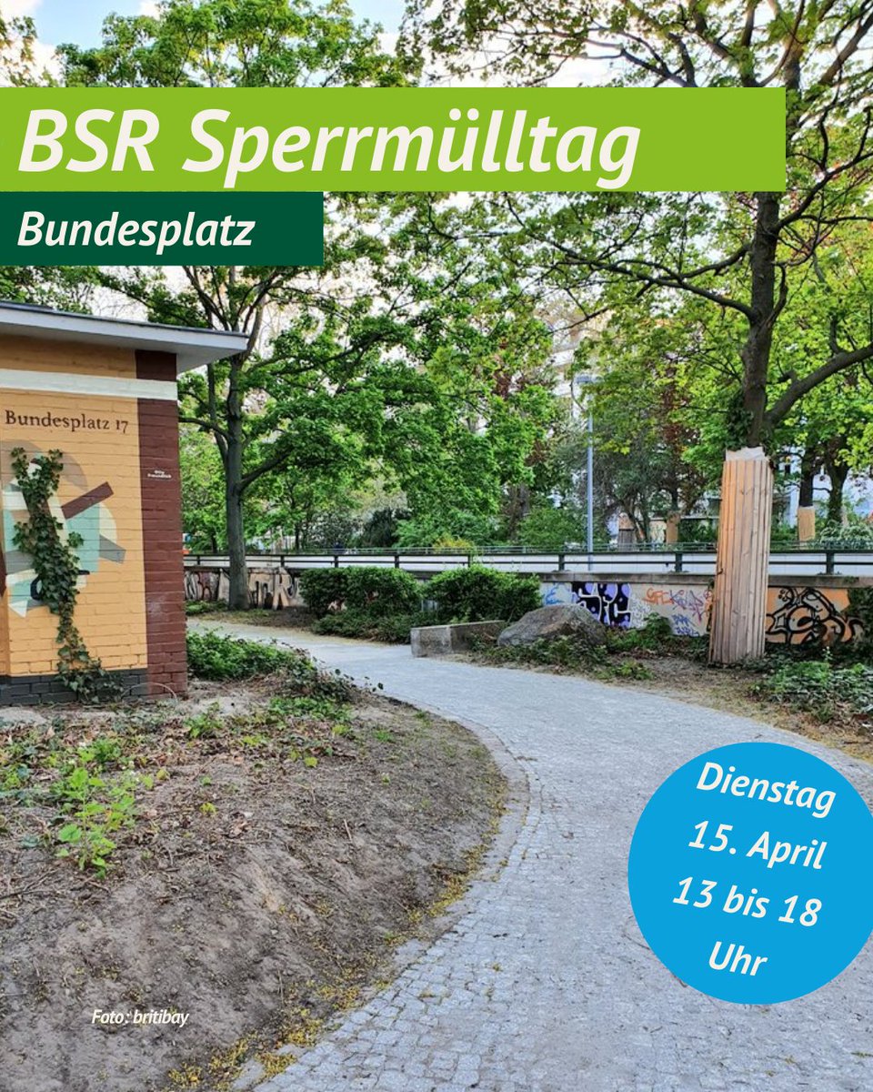 BSR-Kieztag für Sperrmüll
➡️Dienstag, 15.4.
⏰ 13-18 Uhr
➡️Westliche Straßenspange des Bundesplatzes (zwischen Mainzer Straße &amp; Detmolder Straße)
Dazu findet ein Tauschmarkt statt, auf dem gut erhaltene Gegenstände getauscht oder verschenkt werden können.
berlin.de/ba-charlottenb…