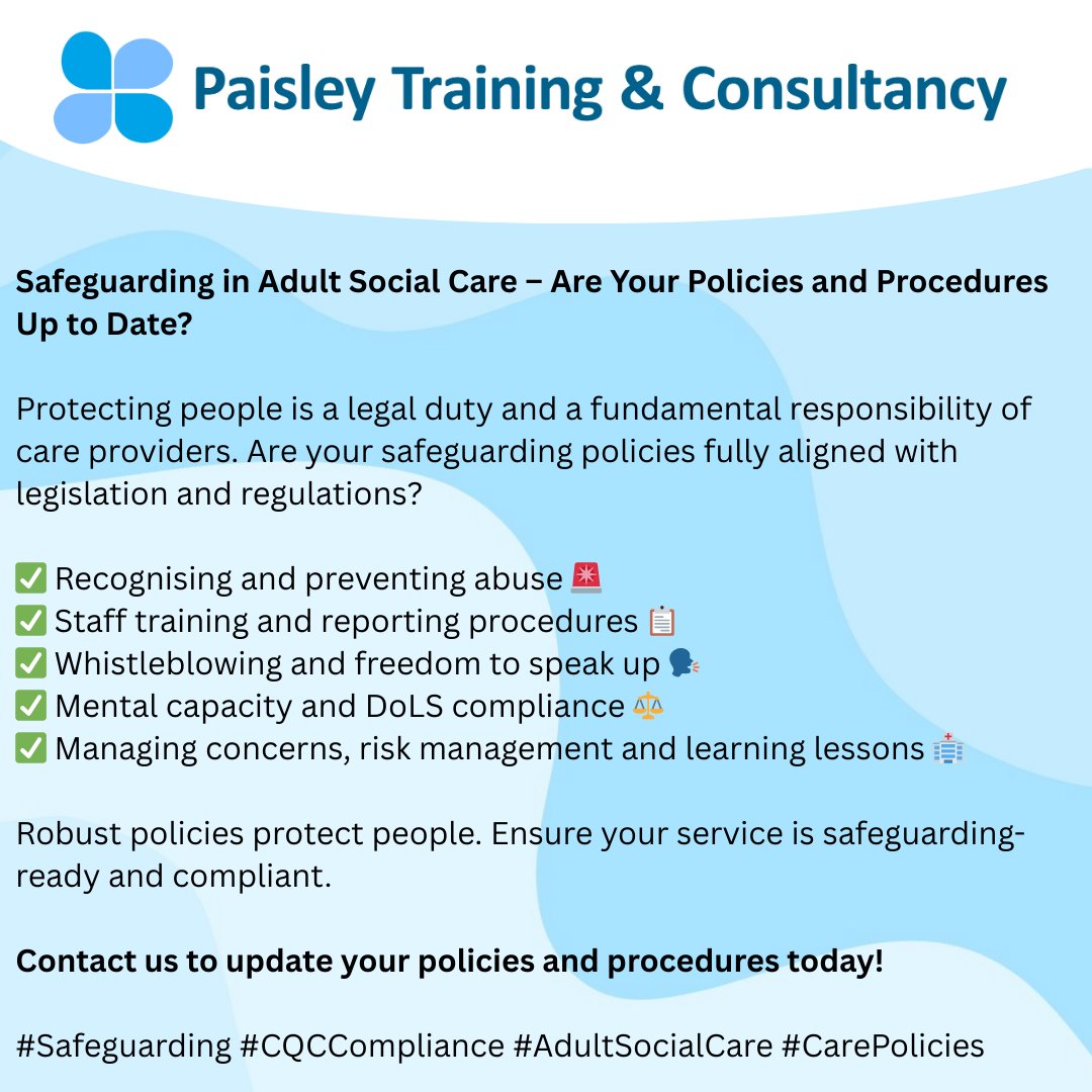 Paisleytrain456's tweet photo. We have Policies and Procedures Packages available for adult social care services:

* Domiciliary Care
* Residential Care
* Supported Living

Find out more on the link below:

https://t.co/HMq2vDQfzb

#adultsocialcare #carepolicies #registeredmanagers https://t.co/bG45EbmFwe
