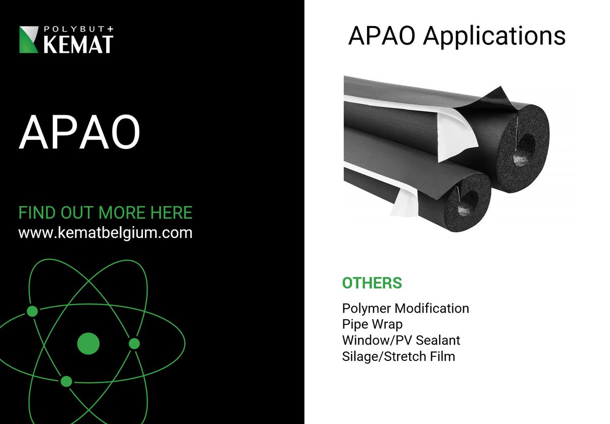 OTHER APPLICATIONS

APAO hot melt adhesives are used in:
● Polymer Modification
● Pipe Wrap
● Window/PV Sealant
● Silage/Stretch Film.

kematbelgium.com/portfolio/apao/

#AmorphousPolyAlphaOlefin