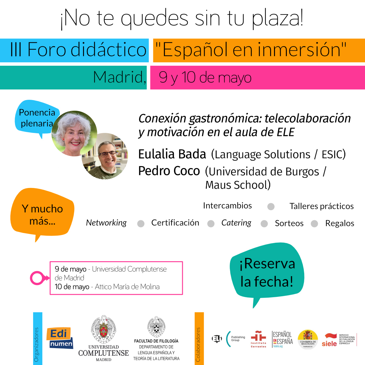 Edinumen's tweet image. ▶️ TALLERES III Foro didáctico "Español en inmersión"

🍴🖱️ Conexión gastronómica: telecolaboración y motivación en el aula de ELE
👥Eulalia Bada (Language Solutions / ESIC) y @Pedro_Ce_Jota (@UBUEstudiantes / Maus School)

 🔗edinumen.es/materiales/for…