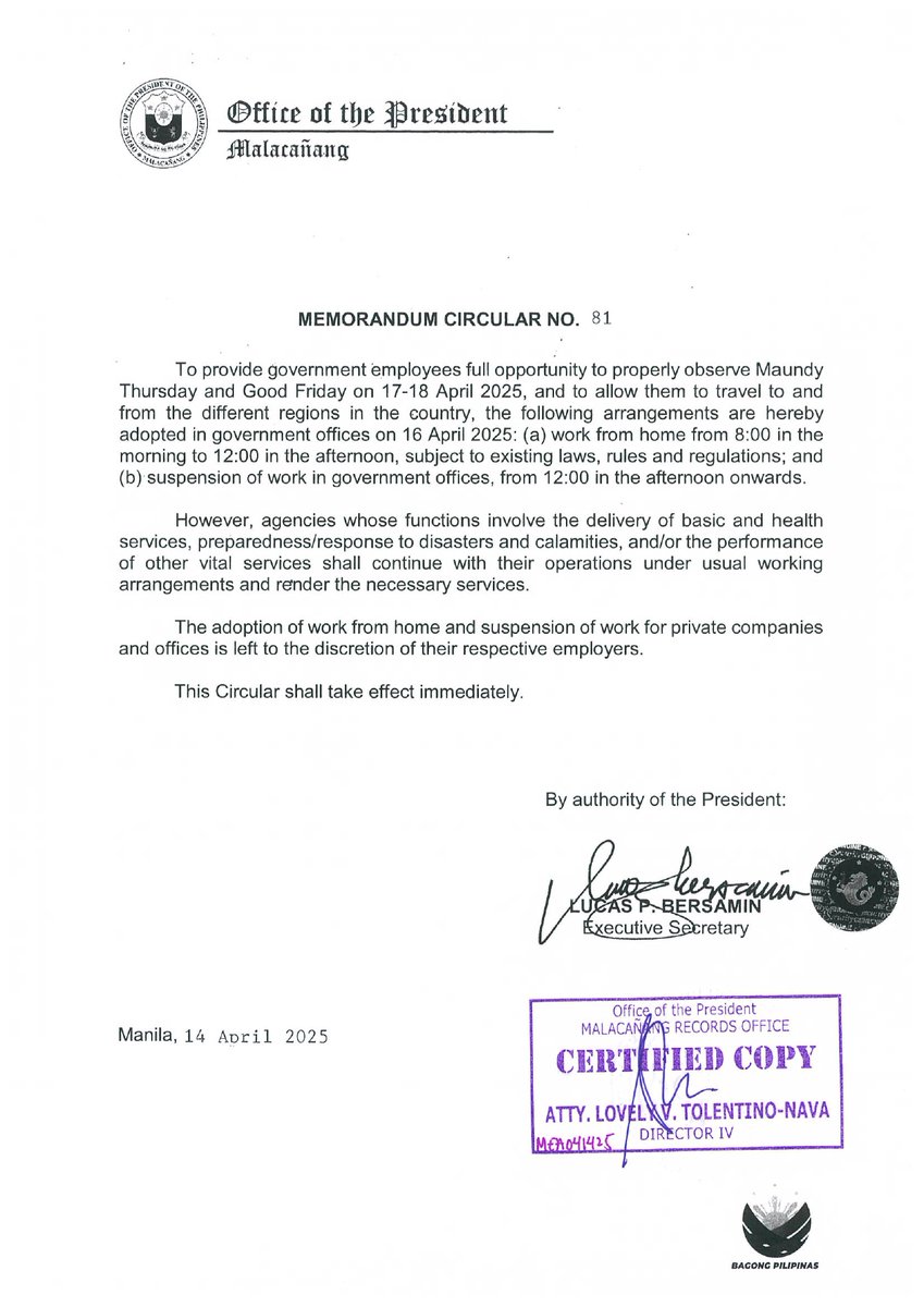 inquirerdotnet's tweet photo. NEWS UPDATE: Malacañang will allow a half-day work-from-home setup for government employees on Holy Wednesday.

This aims to give them the full opportunity to properly observe Maundy Thursday and Good Friday, and to allow time for travel to and from different regions of the country. #HolyWeek2025 | @luisacabatoINQ