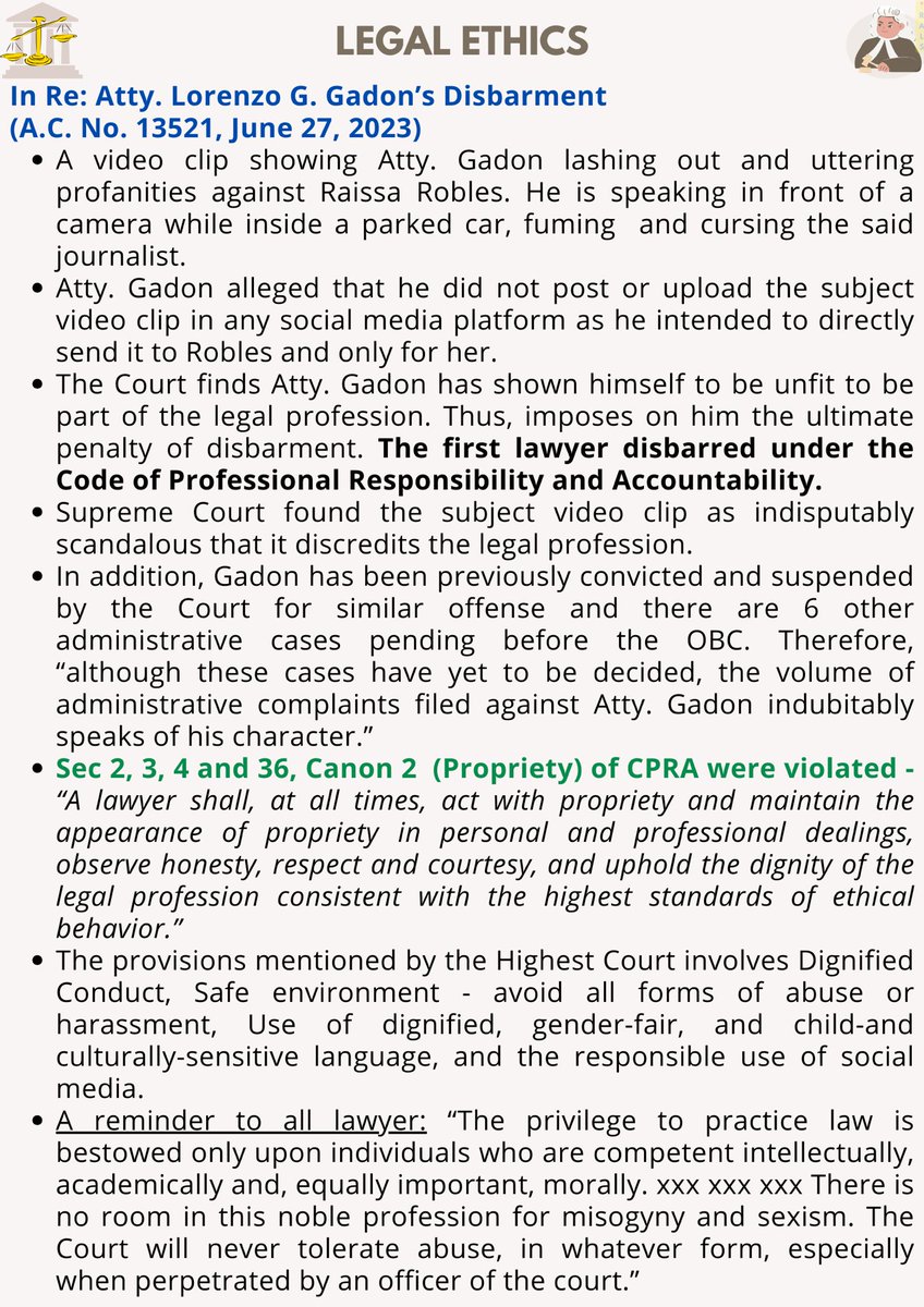 talktoRALS's tweet photo. 📣 LEGAL ETHICS 🚨

DISBARMENT ‼️

⚠️ Permanent prohibition from practicing law.

- Nature, Grounds, Salient provisions in CPRA, Atty. Gadon’s Case as the first lawyer to be disbarred under CPRA.

#RightsAreLegallySignificant
#AMYingForExcellence
#Amyzingbar2025
#AJustBArAwaitsU https://t.co/oB7QsnLqzF