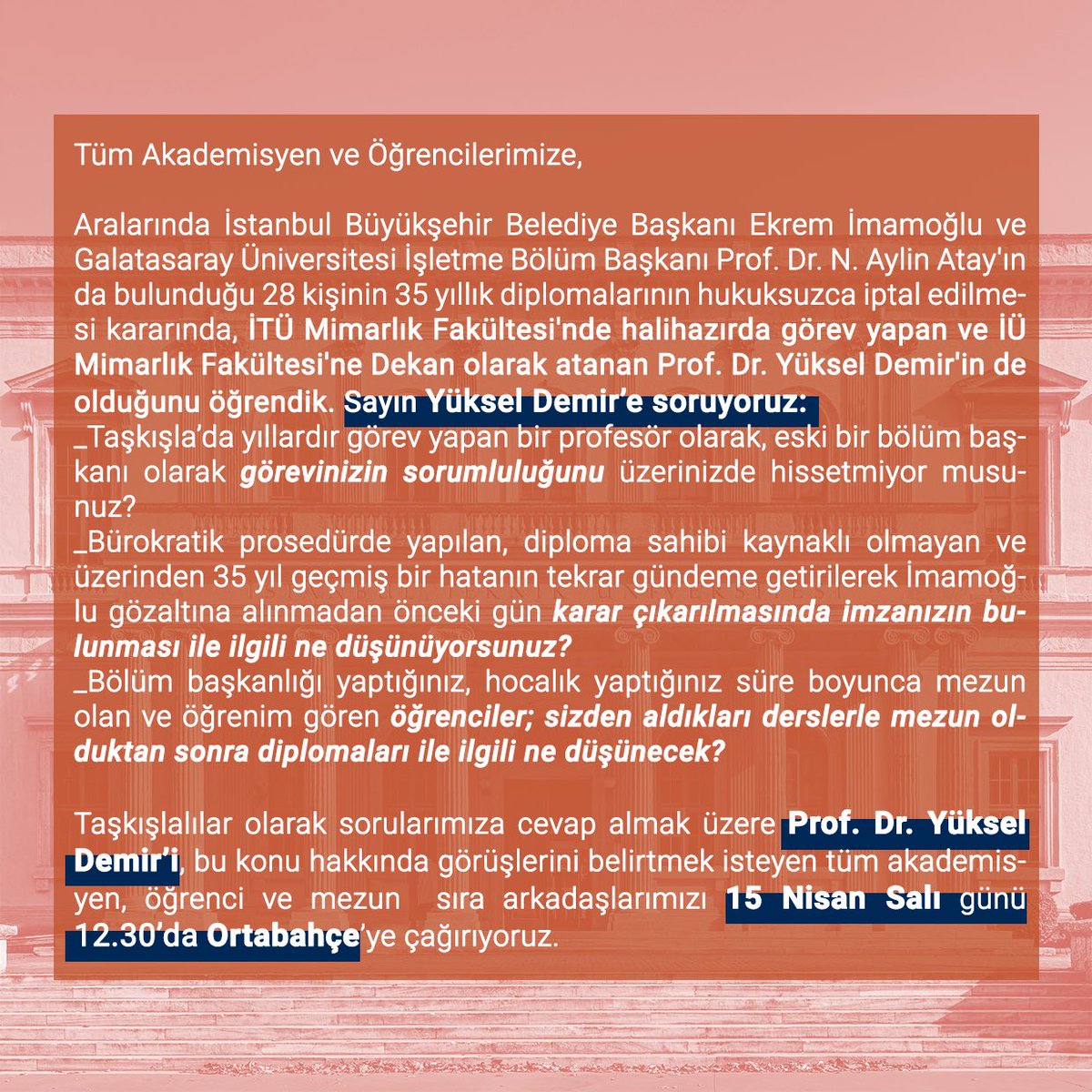 taskisladirenis's tweet photo. 15 Nisan Salı günü, Yüksel Demir hocamızla diploma iptali konusunu iştişare edeceğiz. Ortabahçe’de TÜM TAŞKIŞLA halkıyla buluşmak üzere.
#taşkışlaboykotta https://t.co/vpZo6BDjCK