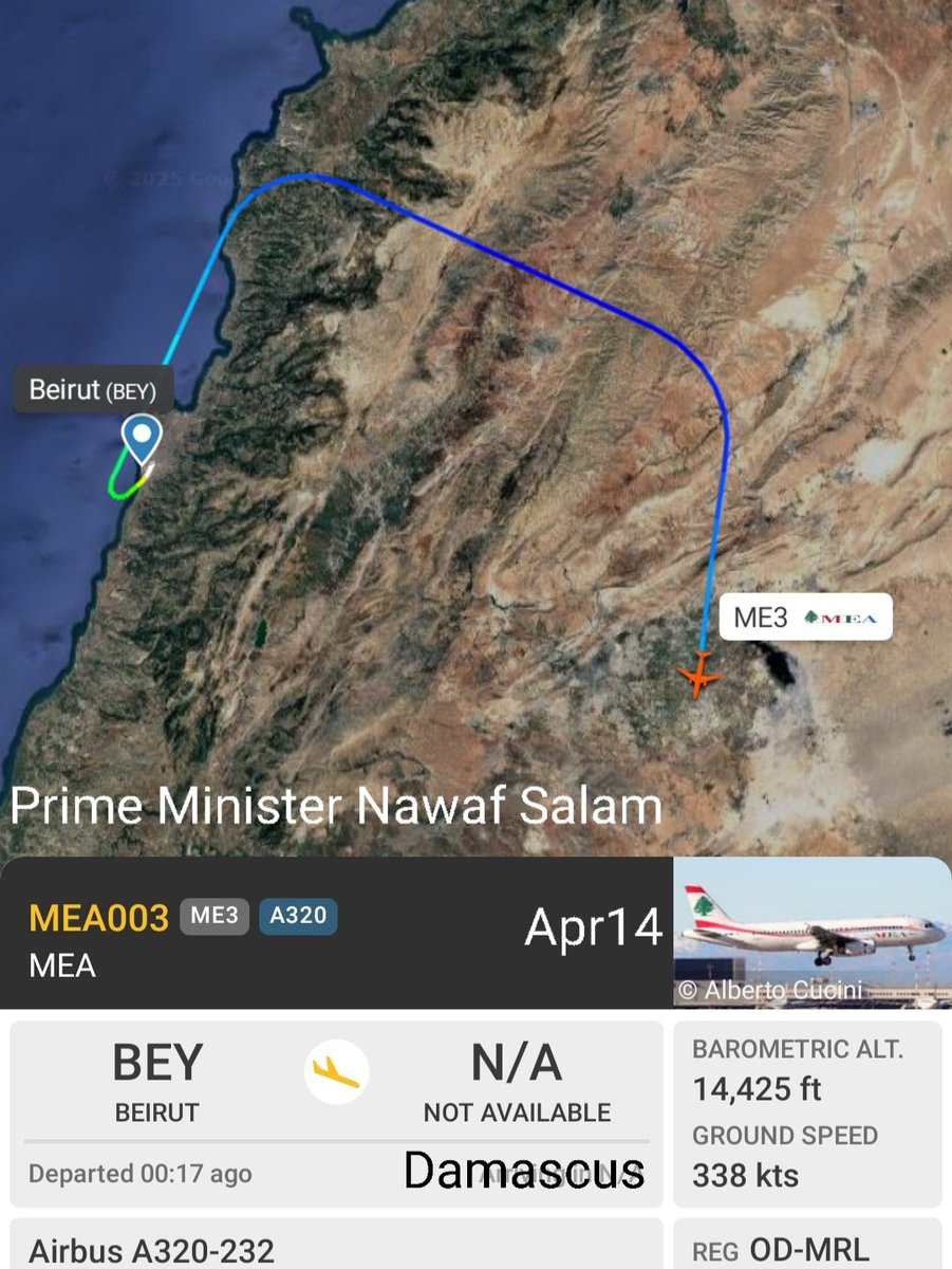 LebanonJets's tweet photo. Prime Minister of #Lebanon @nawafasalam departing #Beirut for short 20min flight to visit #Damascus #Syria on @MEAAIRLIBAN A320 #ODMRL as #CedarJet003 #ME003 #MEA003 https://t.co/swoQeRuIk5