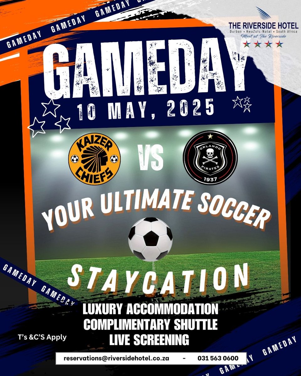 Soccer Staycation Madness!
The match may be intense, but your stay doesn’t have to be!
🎉 Perfect for soccer fans, families &amp; weekend getaways!
T’s &amp; C’s apply | Subject to availability
Book now! 0315630600 or reservations@riversidehotel.co.za
#MeetatTheRiverside #soccer #Derby