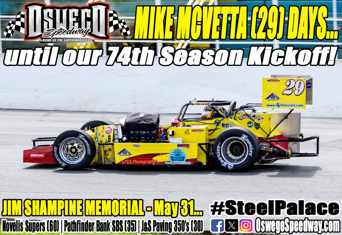 Oswego Speedway (@oswegospeedway) on Twitter photo Mike McVetta (29) days until our 74th Season Kickoff headlined by the 60-lap Jim Shampine Memorial for <a href="/Novelis/">Novelis Inc.</a> Supermodifieds on Saturday, May 31!
#SteelPalace | #Supermodifieds
📸 Holynski Racing Photography Mike McVetta (29) days until our 74th Season Kickoff headlined by the 60-lap Jim Shampine Memorial for <a href="/Novelis/">Novelis Inc.</a> Supermodifieds on Saturday, May 31!
#SteelPalace | #Supermodifieds
📸 Holynski Racing Photography
