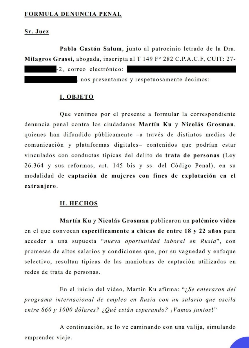 LEYANTISECTAS's tweet image. Esta es la denuncia penal contra los Ex Gran Hermanos Martin Ku y Nicolas Grosman por estar vinculados a una aparente organización coercitiva #secta tratante Rusa dedicada a captar víctimas vulnerables en la región.