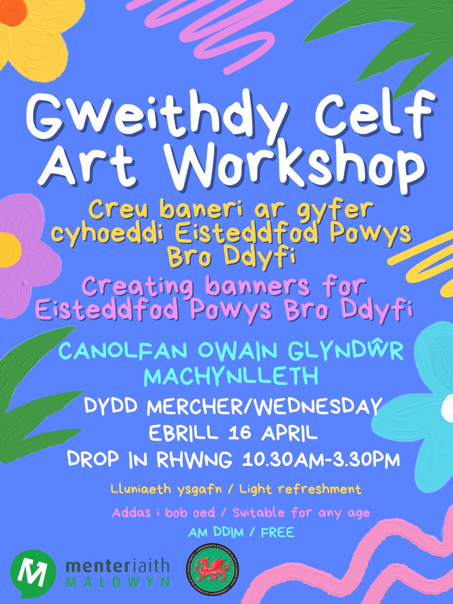 Edrych am bethau i neud dros Pasg? Dewch i <a href="/CanolfanOG/">CanolfanOwainG</a> dydd Mercher-rhwng 10:30-3:30 i greu baneri ar gyfer cyhoeddi <a href="/EisteddfodPowys/">EisteddfodPowys</a> Bro Ddyfi.
Croeso i bob oed-plant &amp; oedolion-AM DDIM!🎨🖌️
<a href="/BroHyddgen/">Ysgol Bro Hyddgen</a> <a href="/AthBroPowys/">Taith At Ddwy Iaith Powys</a> <a href="/learnwelshCP/">Dysgu Cymraeg Ceredigion Powys</a> <a href="/YescymruM/">YesCymru Machynlleth</a> <a href="/CSPowys/">Cyngor Sir Powys</a> <a href="/UrddMaldwyn/">Urdd Maldwyn</a> <a href="/BlewynGlas/">Blewyn Glas</a>
