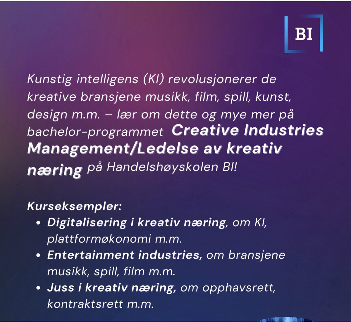 Vet ikke barna i huset hva de skal studere? Og de er interessert i musikk, festivaler, dataspill, kunst og/eller kunstig intelligens? Ta en titt på studiet vårt på Bl: Ledelse av kreativ næring. Moro og matnyttig.