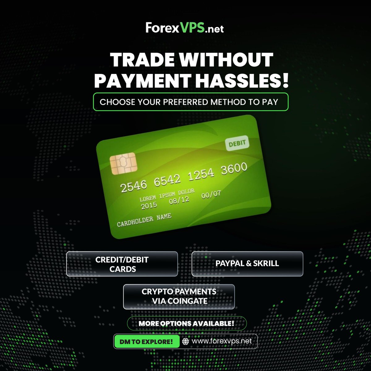 ForexVPS offers multiple payment options to support your trading needs. We accept Credit/Debit Cards, PayPal, Skrill, and Coingate for cryptocurrencies. Choose the option that suits you best and complete your payment easily. 💳💰