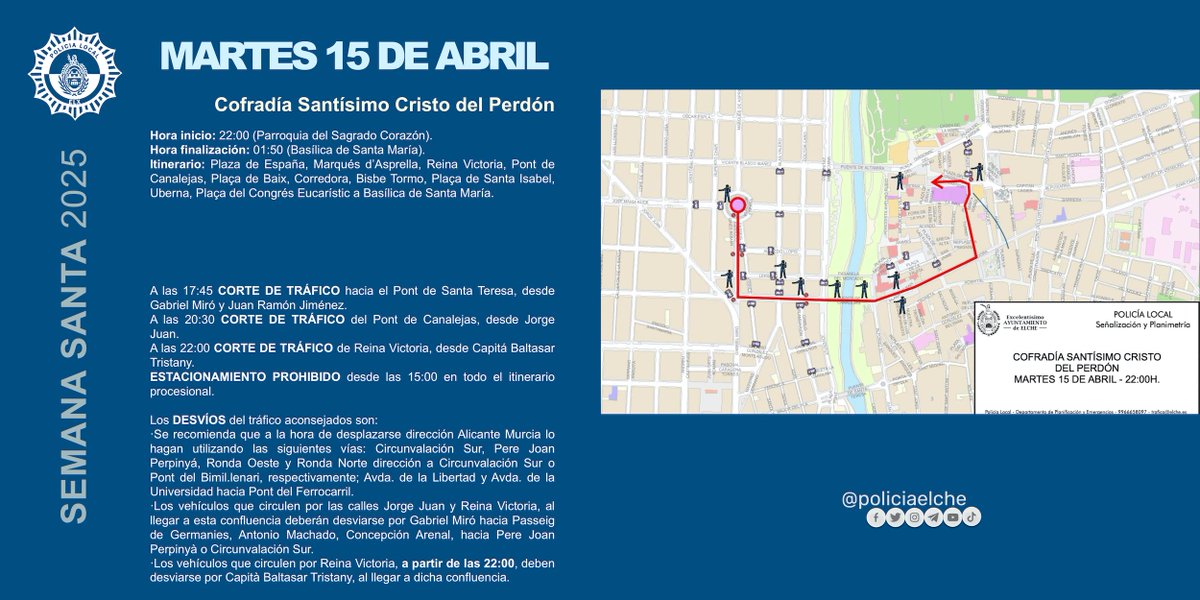 #SemanaSantaElche2025
📆 Martes 15
📍“Hermandad de La Oración en El Calvario”
📍“Penitencial Hermandad Santísimo Cristo de la Reconciliación y Ntra. Sra. Mater Desolata”
📍“Cofradía Santísimo Cristo del Perdón”

Recorridos y tiempos estimados de paso: bit.ly/SEMSanta2025