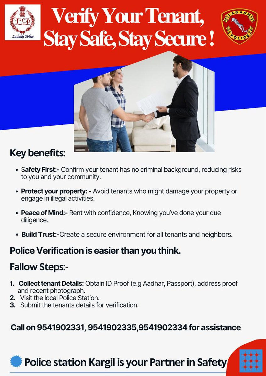 Police Station Kargil (@ps_kargil) on Twitter photo Police Station Kargil strongly urges landlords to verify tenants’ criminal backgrounds through police verification process. Protect your property, yourself, and our community. Reach out for assistance today. Stay safe! 🛡️ <a href="/DIPR_Kargil/">DIPR Kargil</a> , <a href="/Kargil_Today/">Kargil Today Official</a> , <a href="/KargilPolice/">Kargil Police</a> Police Station Kargil strongly urges landlords to verify tenants’ criminal backgrounds through police verification process. Protect your property, yourself, and our community. Reach out for assistance today. Stay safe! 🛡️ <a href="/DIPR_Kargil/">DIPR Kargil</a> , <a href="/Kargil_Today/">Kargil Today Official</a> , <a href="/KargilPolice/">Kargil Police</a>