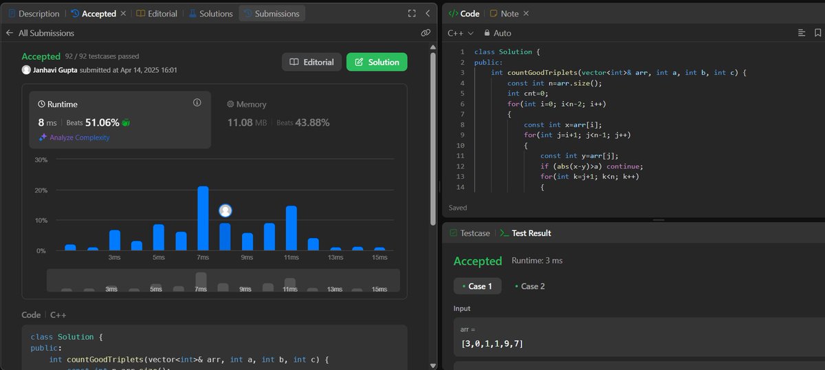 janhavigupta08's tweet image. #Day297         #_100DaysOfCode
#100DayCodingChallenge

@LeetCode POTD [ 1534. Count Good Triplets ]